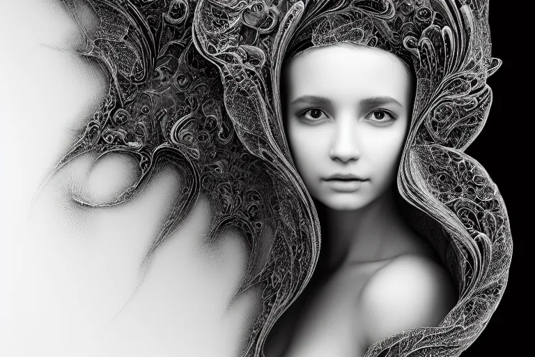 Image similar to portrait of a young beautiful woman with a mask. contemporary photograph, speed painting, fractal, mandelbulb. black and white. intricate, elegant, super highly detailed, professional digital painting, artstation, concept art, smooth, sharp focus, no blur, no dof, extreme illustration, Unreal Engine 5, Photorealism, HD quality, 8k resolution, cinema 4d, 3D, beautiful, cinematic, art by artgerm and greg rutkowski and alphonse mucha and loish and WLOP