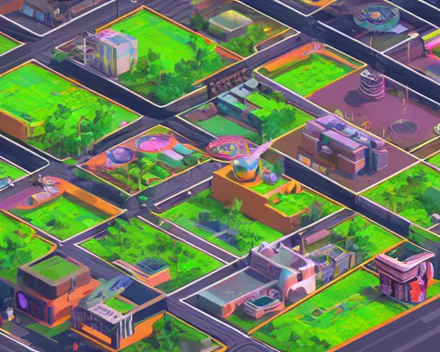 Prompt: isometric fictional 3 d land plot, moe art style inspired by cyberpunk 2 0 7 7, highly detailed map, realistic proportions, realistic lighting, hyperrealistic, octane render, unreal engine 5