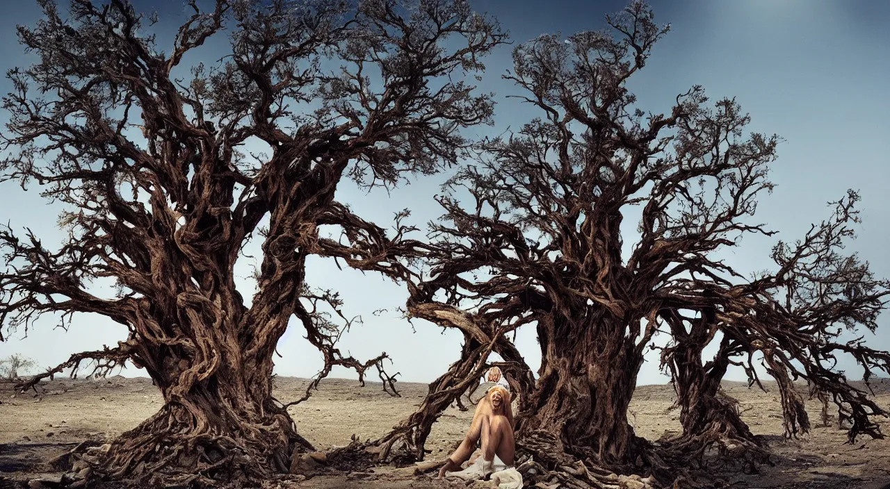 Image similar to 65-year-old tree-like Gaia Goddess crying one emotionless tear as she sits on a dried up river in a desolate land, blue sky, hot and sunny, highly-detailed, elegant, dramatic lighting, artstation, 4k, cinematic landscape, photograph by Elizabeth Gadd