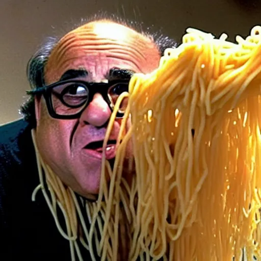 Prompt: danny devito swimming in spaghetti. he's not happy about it.