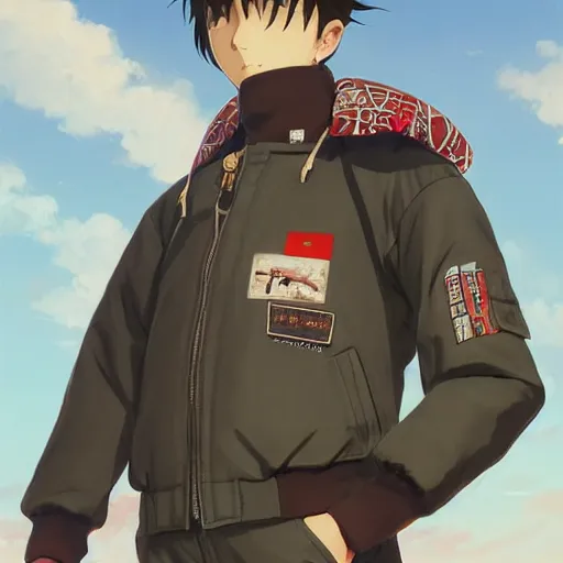 Image similar to a handsome young man! model, wearing ma - 1 flight suit jacket and overalls, bulky poofy bomber jacket with mayan patterns, trending on pixiv fanbox, painted by greg rutkowski makoto shinkai takashi takeuchi studio ghibli, akihiko yoshida