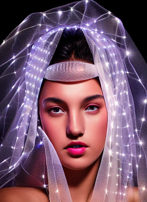 Prompt: queen chess piece photo, beautiful veil of led point lights, pearlescent skin, skin made of led point lights, very detailed, highly detailed background, photorealism, sharp focus, photorealism,cosmic, soft diffuse autumn lights, some sunlight ray, dark room wall, canon 5D 50 mm lens