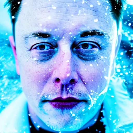 Image similar to Frozen Elon Musk covered in snow, blue, winter, grungy, unkept hair, glowing eyes, modelsociety, radiant skin, huge anime eyes, RTX on, perfect face, directed gaze, intricate, Sony a7R IV, symmetric balance, polarizing filter, Photolab, Lightroom, 4K, Dolby Vision, Photography Award