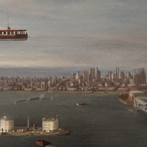 Prompt: a steamship suspended above a city skyline