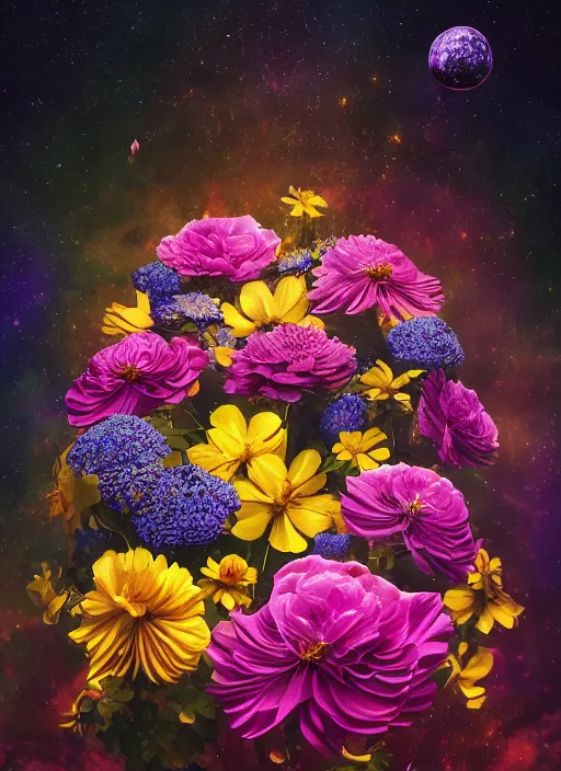 Image similar to An epic fantastic realism comic book style painting of the most beautiful flowers launched across the dark and starry cosmos, bouquets, fisheye lens, unreal 5, DAZ, hyperrealistic, octane render, dynamic lighting