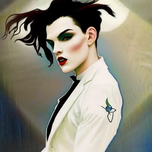 Image similar to beautiful portrait of androgynous ruby rose as desire from sandman in a white tuxedo!!!, rockabilly style,, by alphonse mucha, by jeremy mann, by peter lindbergh, cedric peyravernay, by frank moth, white suit and black tie, soft lightning, high detailed, 8 k