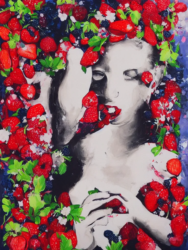 Image similar to “art in an Australian artist’s apartment, portrait of a woman wearing white cotton cloth, eating luscious fresh raspberries and strawberries and blueberries, edible flowers, black background, acrylic and spray paint and oilstick on canvas”