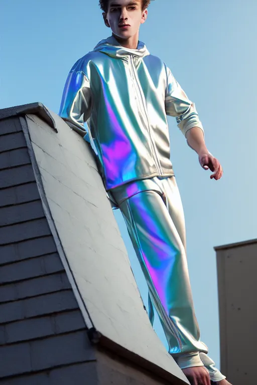 Image similar to un ultra high definition studio quality photographic art portrait of a young man standing on the rooftop of a british apartment building wearing soft baggy inflatable padded silver iridescent pearlescent clothing. three point light. extremely detailed. golden ratio, ray tracing, volumetric light, shallow depth of field. set dressed.