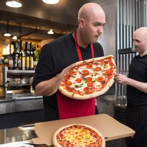 Prompt: a bald black putting a pizza in owen while the restaurant owner is yelling at him, security camera footage, high definition