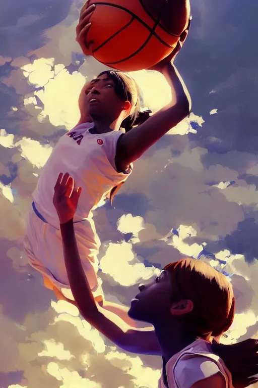 Prompt: A ultradetailed beautiful panting of a girl dunking a basketball, Oil painting, by Ilya Kuvshinov, Greg Rutkowski and Makoto Shinkai