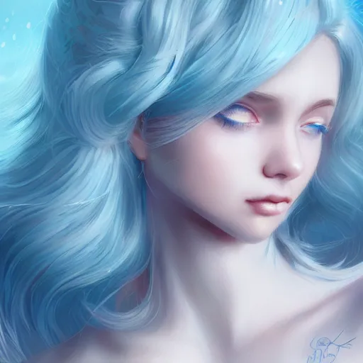 Prompt: teen girl, light blue white hair, gorgeous, amazing, elegant, intricate, ocean, highly detailed, digital painting, artstation, concept art, sharp focus, illustration, art by Ross tran