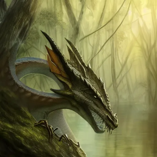 Prompt: peaceful dragon in a beautiful, misty forest, leaning over a steep hill, elongating its neck to sip water from the flowing, turbulent river, trending on artstation, intricately defined, complexly detailed, robustly ordinated, 4 k quality, digital art