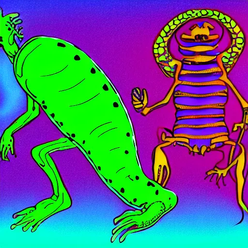 Image similar to illustration of a race of reptilian - esque aliens, in neon colors. the aliens have large antenna - like protrusions from their head.