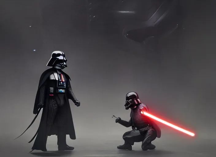 Image similar to a Photorealistic dramatic hyperrealistic render of darth vader with lightsaber drawn facing off against a calm cute corgi in battle, futuristic star wars vibe, by WLOP and Artgerm and Greg Rutkowski and Alphonse Mucha, Beautiful dynamic dramatic dark moody lighting, shadows, cinematic atmosphere, Artstation, concept design art, Octane render, 8K, masterpiece, sharp focus