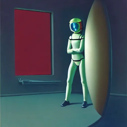 Image similar to portrait An astronaut girl wearing helmet with black latex suit, Edward Hopper and James Gilleard, Zdzislaw Beksinski, Mark Ryden, Wolfgang Lettl highly detailed