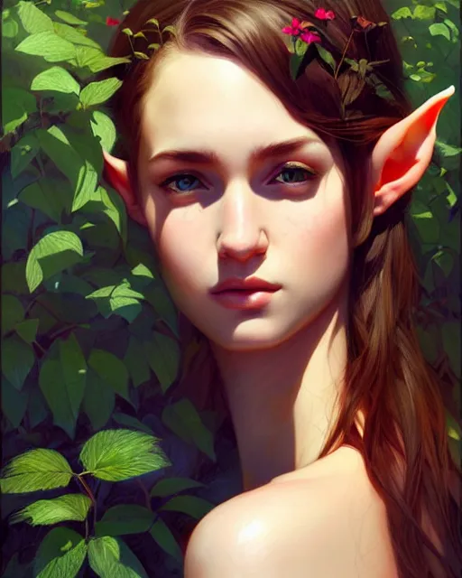 Image similar to stylized portrait of an artistic pose, composition, young elf nymph surrounded by nature, realistic shaded, fine details, realistic shaded lighting poster by ilya kuvshinov, magali villeneuve, artgerm, jeremy lipkin and michael garmash and rob rey