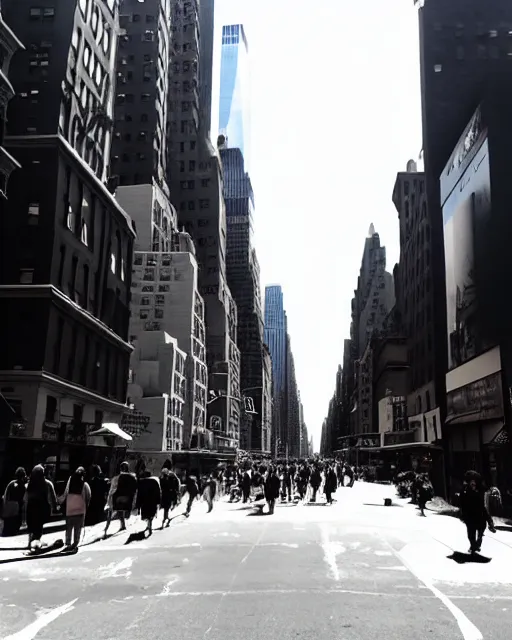 Image similar to photo of new york street with all people have hollow eyes and crazy grin on face