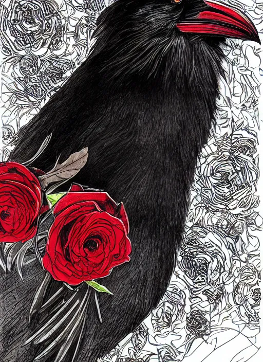 Prompt: portrait, A feather of crow with red eyes in front of the full big moon, book cover, red roses at the top, red white black colors, establishing shot, extremly high detail, foto realistic, cinematic lighting, pen and ink, intricate line drawings, by Yoshitaka Amano, Ruan Jia, Kentaro Miura, Artgerm, post processed, concept art, artstation, matte painting, style by eddie mendoza, raphael lacoste, alex ross