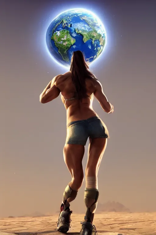 Image similar to a beautiful muscular woman wearing casual clothes carrying a giant planet Earth on her back, long hair, beautiful, hyperrealistic, concept art, octane render, unreal engine 5, trending on Artstation, high quality, 8K, soft lighting, trending on DeviantArt, highly detailed, high quality, digital art, anatomically correct, five fingers, desert in the background, path traced, complementary colors, natural lighting, epic image