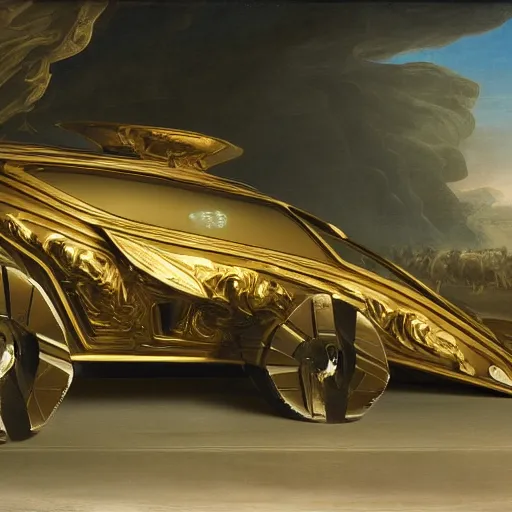 Image similar to sci-fi car dynamic organic forms structure car and wall structure in middle of the coronation of napoleon painting by Jacques-Louis David black ceramic material shiny gloss water reflections search pinterest keyshot product render 4k