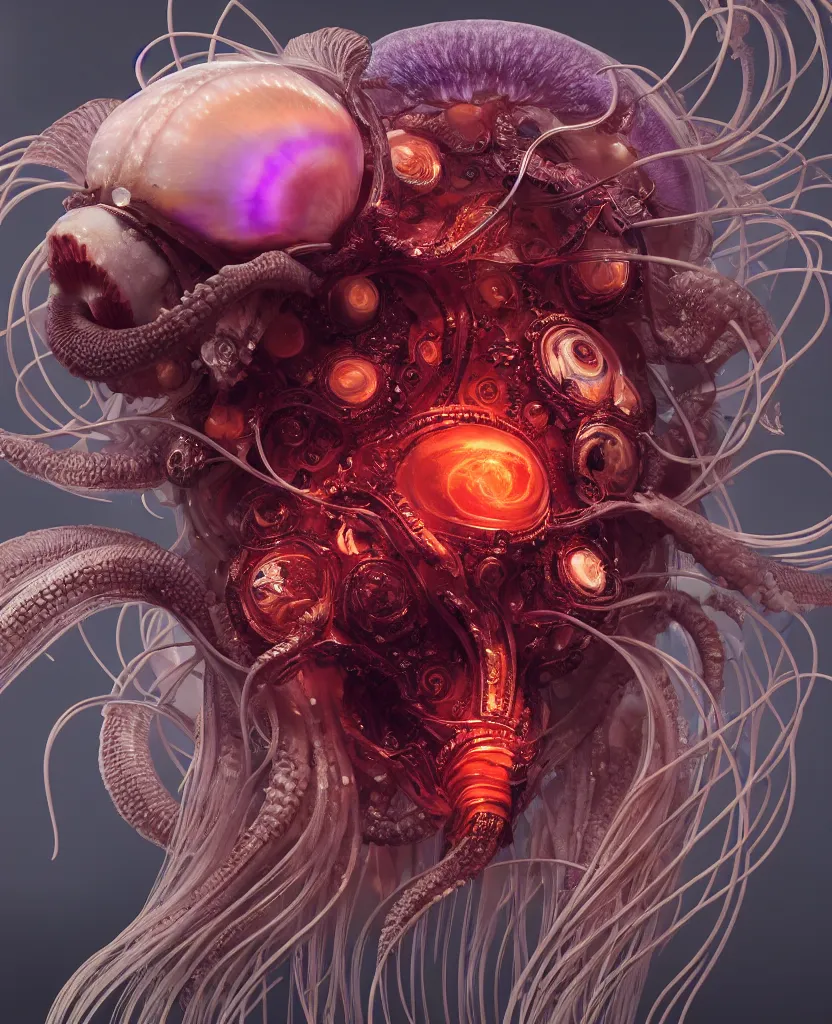 Image similar to goddess close-up portrait ram skull. jellyfish phoenix head, nautilus, orchid, ram skull, betta fish, bioluminiscent creatures, intricate artwork by Tooth Wu and wlop and beeple. octane render, trending on artstation, greg rutkowski very coherent symmetrical artwork. cinematic, hyper realism, high detail, octane render, 8k