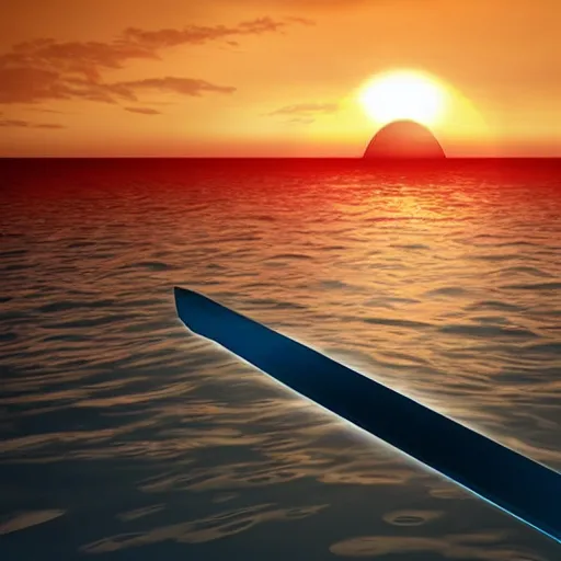 Image similar to a floating sword in front of a sunrise, extremely realistic and beautiful