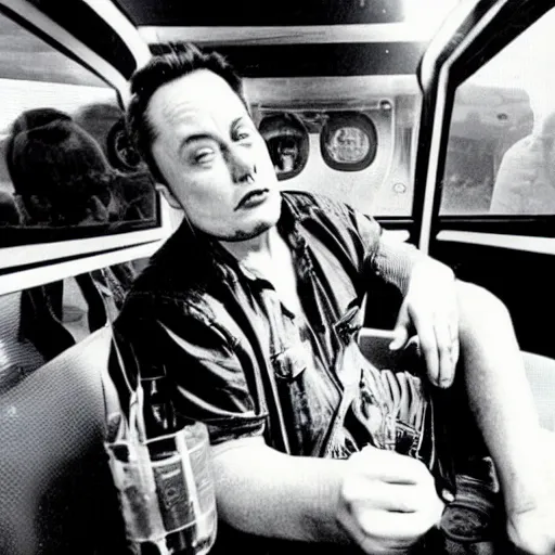 Image similar to retro photo of drunked elon musk aka bus driver in bus by hunter thompson, fear and loathing in las vegas style