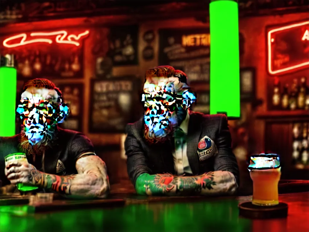 Image similar to a well framed portrait of conor mcgregor drinking a beer in an irish pub with a neon bar, laser lighting, trending on art station, in the style of the movie heat with al pacino, volumetric lighting & shadows, hyper detailed, digital art, unreal engine, 4 0 0 mm f 1. 8,