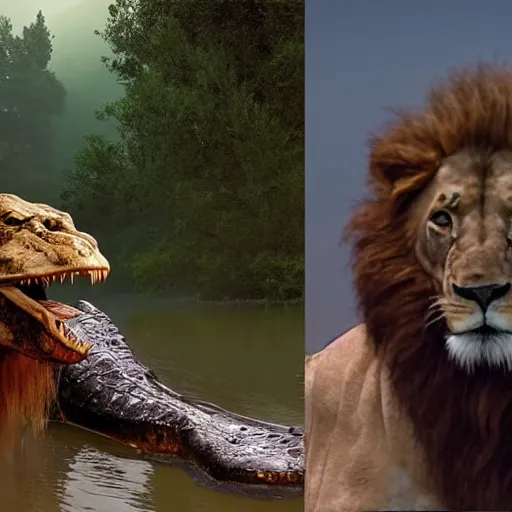 Prompt: found footage of a giant crocodile and a lion from a murky lake, high temperature, cinematic lighting, focused eyes, apex predator standoff