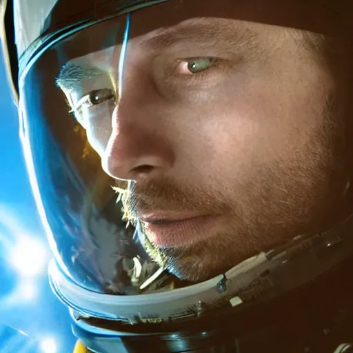 Prompt: thom yorke singer songwriter in a spacesuit filling up with water, dark background, glass - reflecting - stars, space - station light reflections, ultrafine detail, hyper realistic face, beautiful blue - eyes, videoclip, eyes reflecting into eyes reflecting into infinity, eyes reflecting into eyes reflecting into infinity