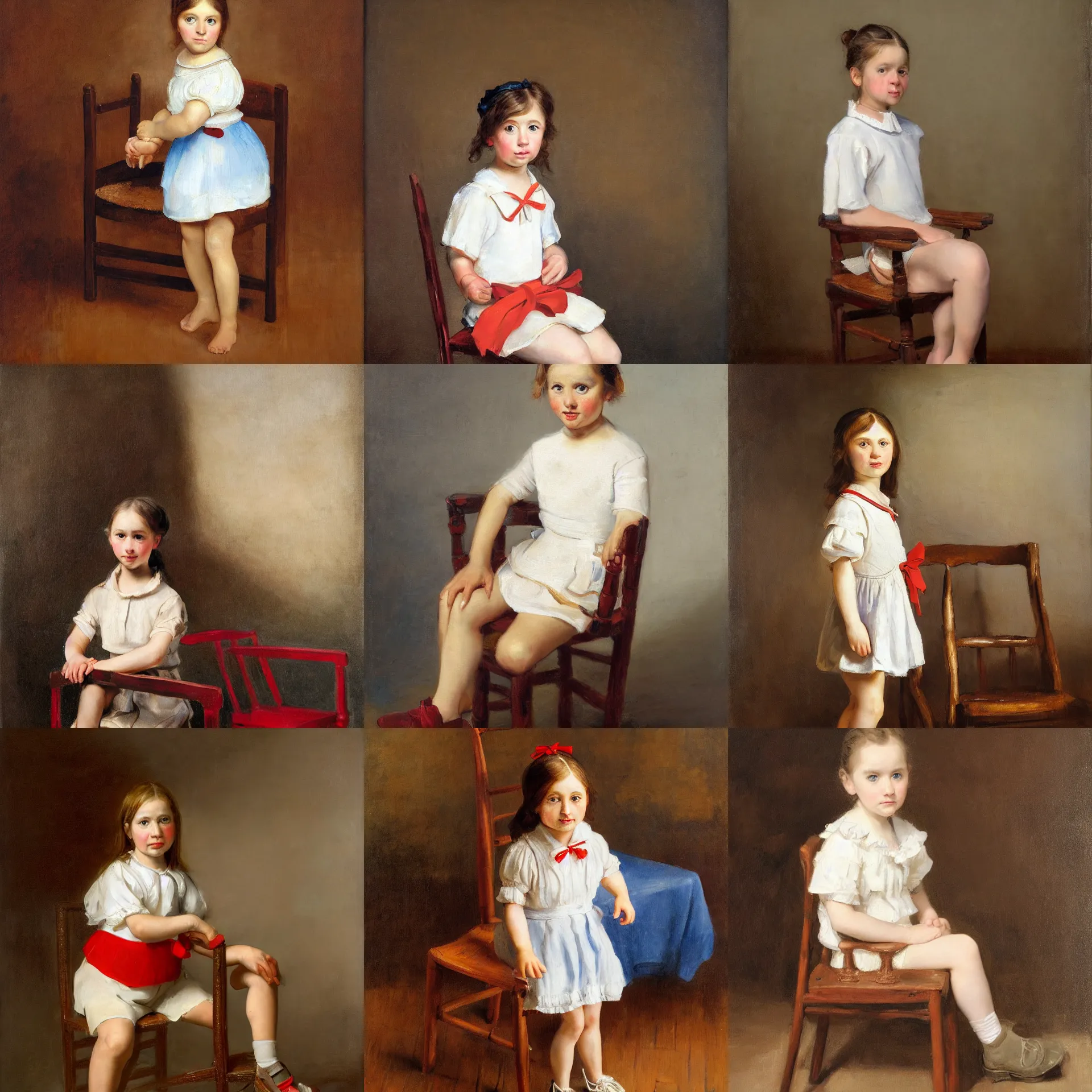 Prompt: a front view portrait of a young caucasian girl, with short straight brown hair, blue eyes, wearing a white shirt with a red bow, beige shorts and dark color shoes ; seated on a tall wooden chair ; ligh brown background, oil painting, oil canvas, volumetric light, in the style of rembrandt