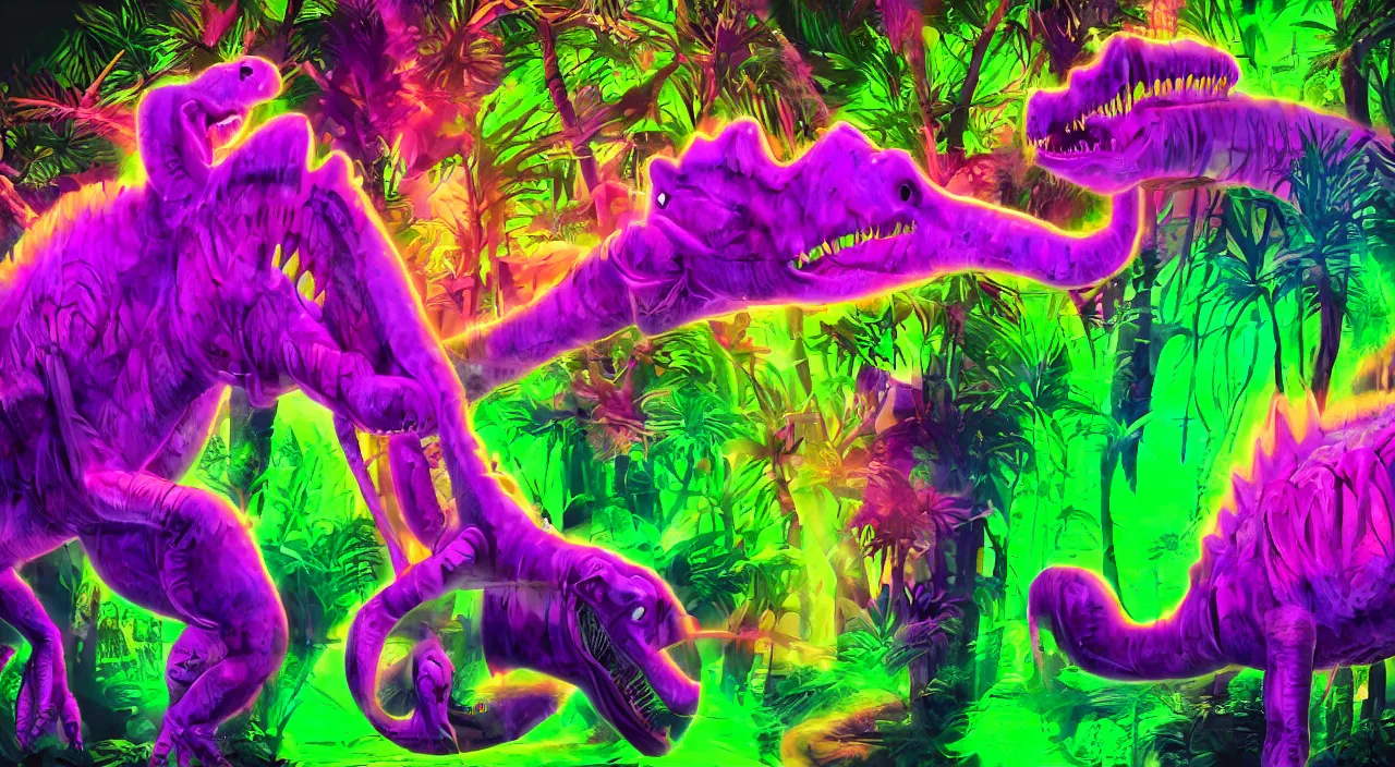 Image similar to spectral purple neon dinosaur, spectral neon pink dinosaur, spectral yellow neon dinosaur, green jungle background, detailed, ultrawide landscape