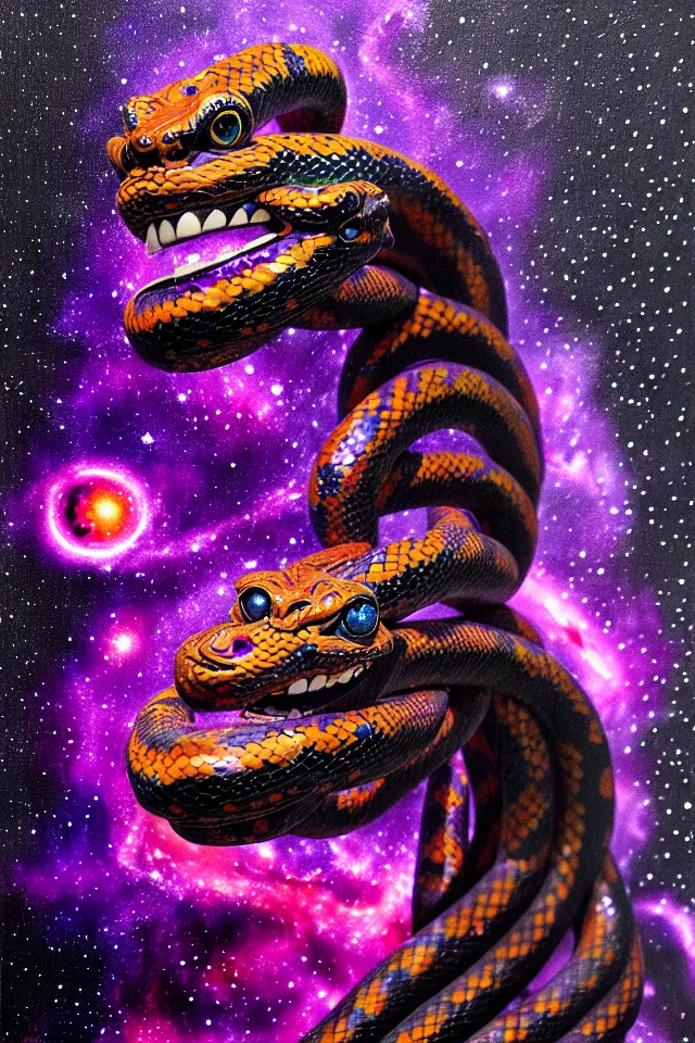 Image similar to a close up portrait of a purple ornate serpent spirit head statue, orange eyes, black paper, galaxy, nebula, billions of details, beautiful intricate painting by kokaris