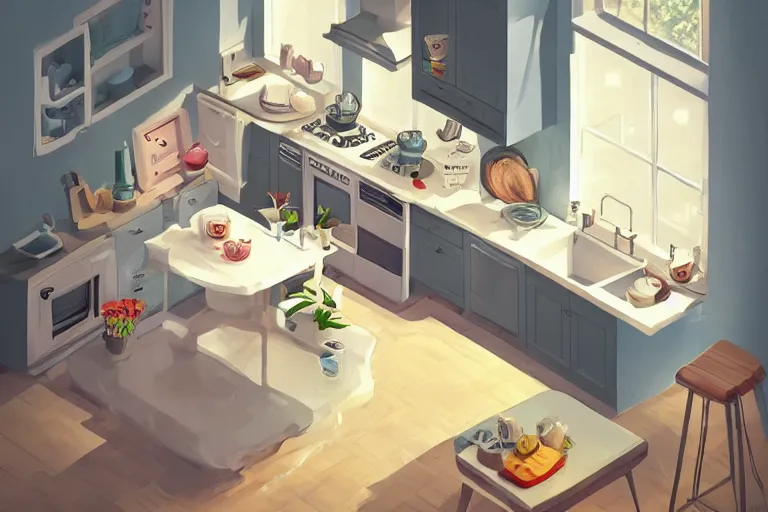 Prompt: cute kitchen, refrigerator, sink, isometric art, white furniture, cat on window, bright, artstation, highly detailed, cinematic lighting + masterpiece