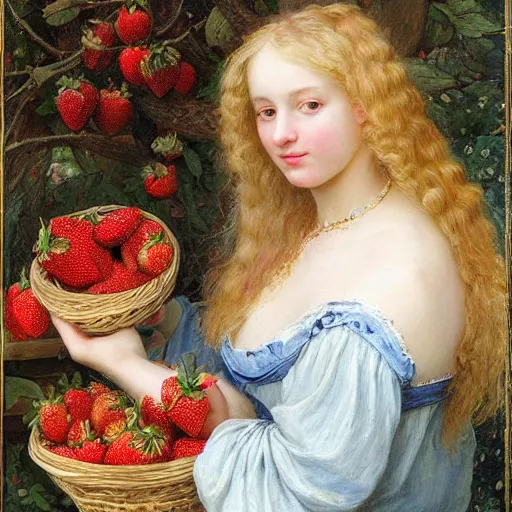 Image similar to A beautiful Blonde Woman with Locks selling strawberries in the style of Sophie Anderson, Portrait