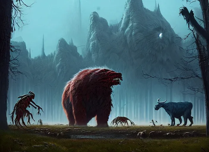 Image similar to giant monstrous aggressive furry creature lurking over a cowering smaller creature, in the foreground a small town, epic science fiction horror digital matte painting by Simon Stalenhag and Mark Brooks (and Greg Rutkowski), extremely detailed, artstation