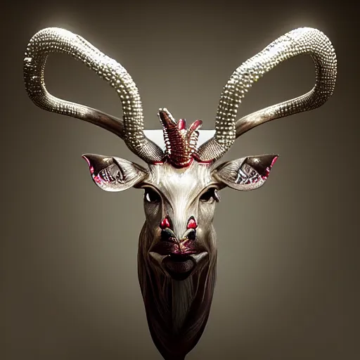 Image similar to kudu mask made of pearl beads : by michal karcz, daniel merriam, victo ngai and guillermo del toro : ornate, dynamic, particulate, intricate, elegant, highly detailed, centered, artstation, smooth, sharp focus, octane render