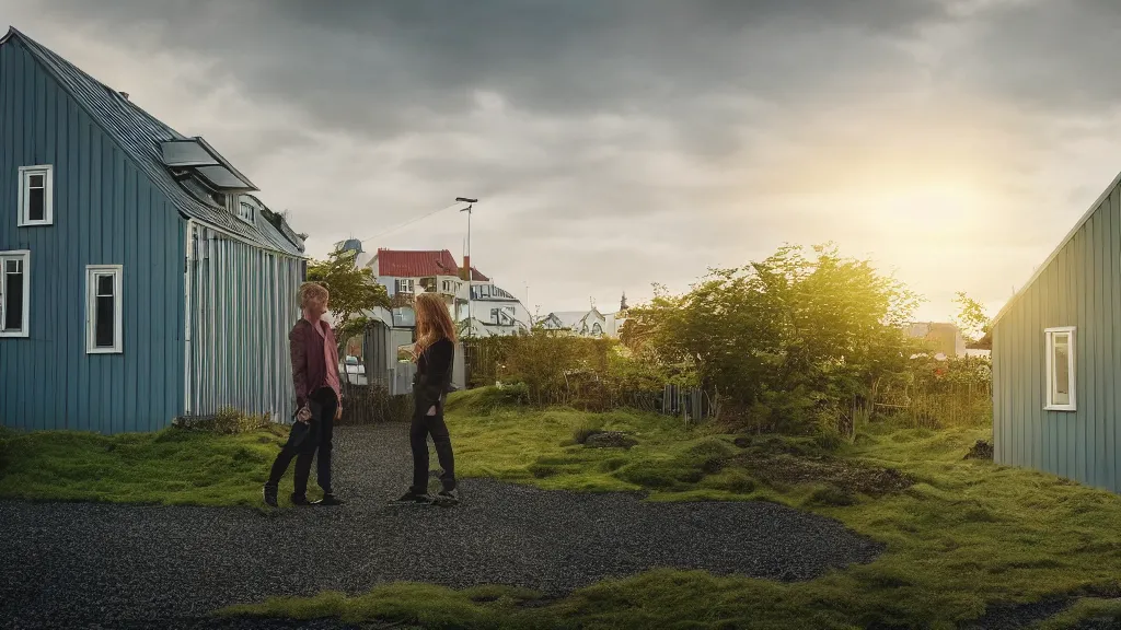 Prompt: a couple, green house, quiet street, reykjavik, sunset lighting, rim light, hyper realistic, cinematic frame