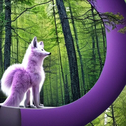 Image similar to a purple fox with a long fluffy and shiny coat sits in the forest on a ufo flying saucer. super realistic photo. clear details