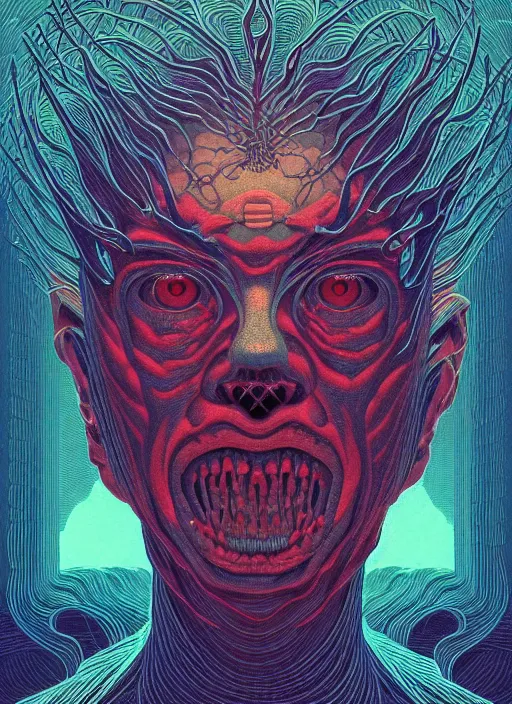 Image similar to symmetry!! stunning portrait of a demon!! by victo ngai, moody colors, dynamic lighting, horror!! body horror digital art, winning award masterpiece, fantastically beautiful, illustration, aestheticly inspired by beksinski and dan mumford, trending on artstation, art by greg rutkowski and david cronenberg and h r giger, 8 k