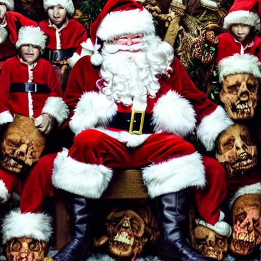 Prompt: UHD candid photo of Santa in front of a pile of dead dwarves, with accurate face, UHD, photorealistic, correct face, photo by Annie Leibovitz