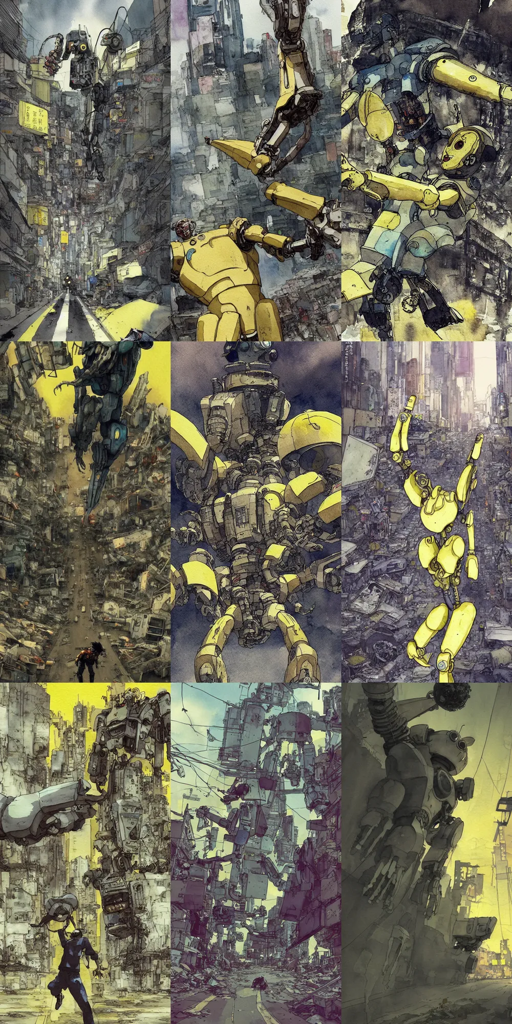 Prompt: incredible forced perspective screenshot, ultrawide fish eye lens, simple watercolor, watercolor paper, rough paper texture yellow atmosphere,masamune shirow ghost in the shell movie, katsuhiro otomo akira movie scene, forced perspective, graveyard, scrapyard, robot arm bursting from the ground, zombie reaching out of a grave, robot art cracking the road, robot arm stretching into the sky, robot arm skeleton, robot arm reaching out of the grave, backlit people run in the foreground, rim light, hawken, genius party,shinjuku, koju morimoto, katsuya terada, masamune shirow, tatsuyuki tanaka hd, 4k, remaster, dynamic camera angle, deep 3 point perspective, fish eye, dynamic scene