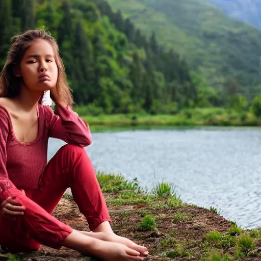 Prompt: young woman, wearing Inka clothes, sad expression, sitting at a pond, mountainous area, trees in the background, trending on artstation