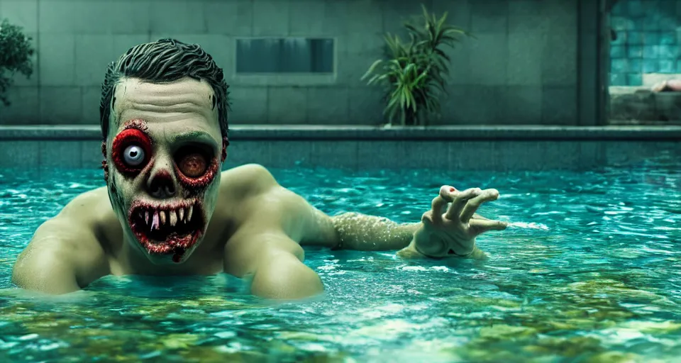 Image similar to highly detailed full body portrait of a zombie swimming underwater in a zombie - apocalypse, in a swimming pool, style of plants vs zombies, octane render