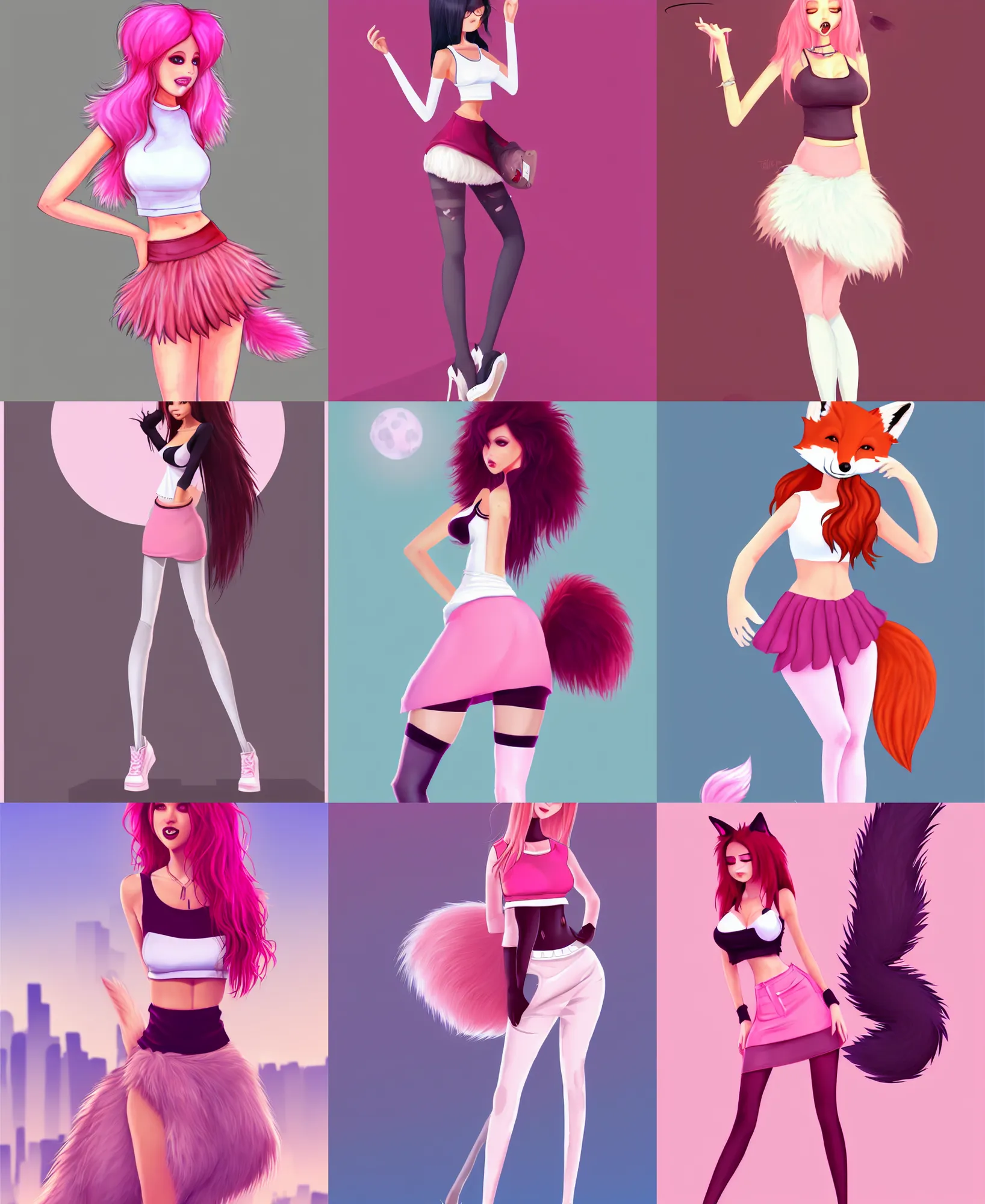 Prompt: sexy furry fox vixen anthropomorphic in a pink skirt, stripped leggings, and a white crop top, digital art, artstation, city background, vixen, gorgeous, beautiful, furries