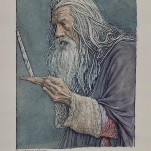 Prompt: Gandalf pondering his orb by Henry Gray and Alan Lee, Colourful