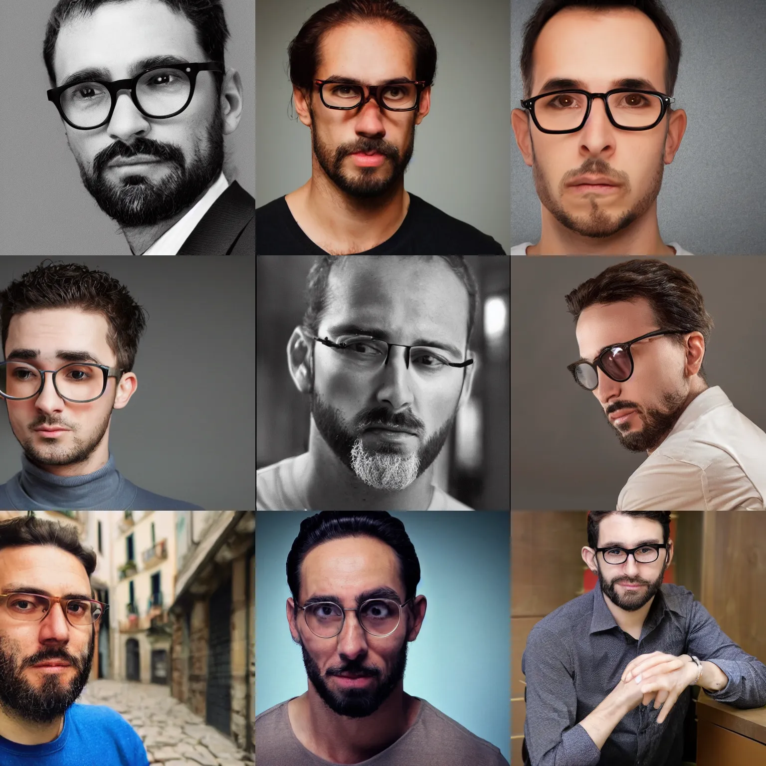 Prompt: a spanish iberian italian guy long face pale with round glasses kinda big forehead ugly with a weak chin and a goatee