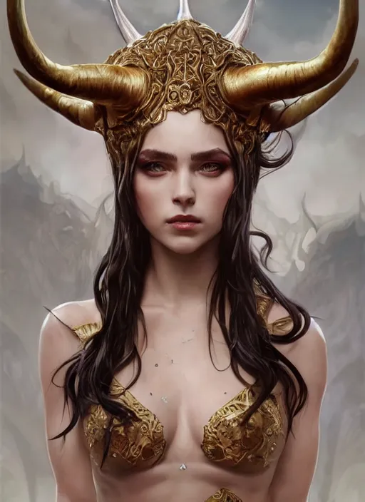 Prompt: horns queen demon, elegant, wearing a royal robe, hyper realistic, extremely detailed, dnd setting!, shiny wet skin!!, raytracing, art by artgerm, greg rutkowski and alphonse mucha, artstation, octane render,