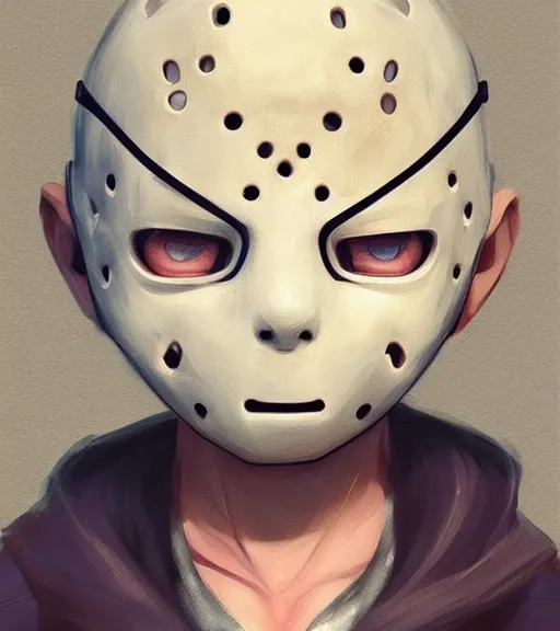 Image similar to beautiful little boy anime character inspired by jason voorhees, art by rossdraws, wlop, ilya kuvshinov, artgem lau, sakimichan and makoto shinkai, concept art, anatomically correct, extremely coherent, realistic, mask, smooth hd, 8 0 s haircut