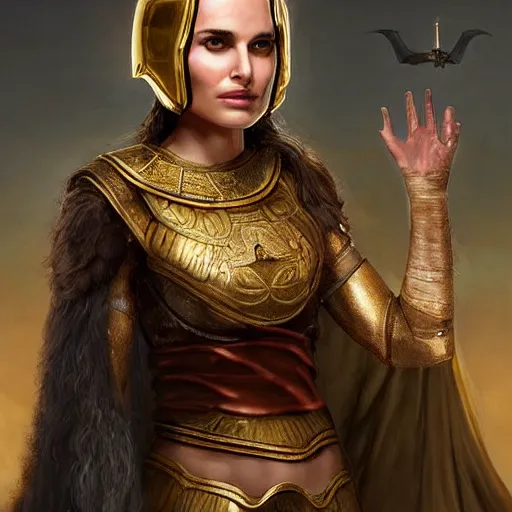 Image similar to Natalie Portman as ancient greek woman in golden helmet, giant grey-haired bearded George Clooney head in the sky, epic fantasy style art, fantasy epic digital art